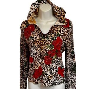 Cabo 90’s women’s S pullover hoodie sweater, animal print + roses mixed media